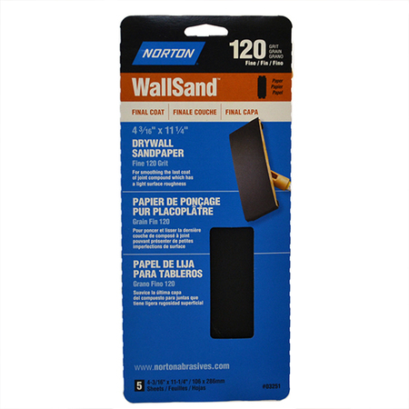 4-3/16"" x 11-1/4"" WallSand Die-Cut Drywall Sanding Sheets 120-Grit 5Pk -  NORTON CO, 02299